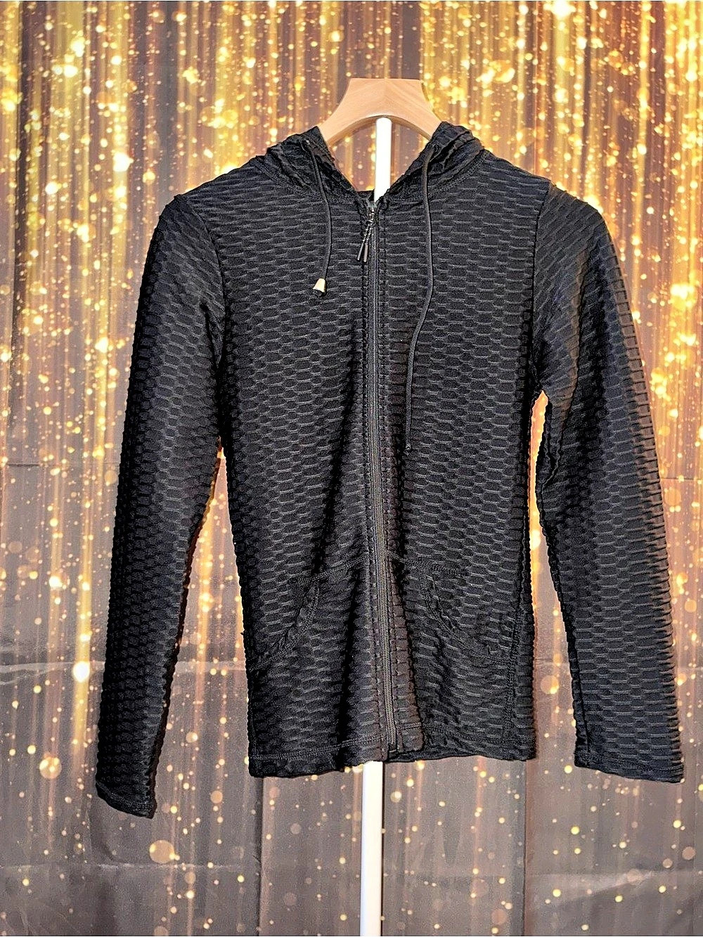 New Mix Honeycomb Textured Zip Up Hoodie Black Small